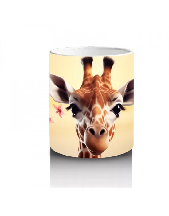 Pembe Çiçekler Arasında Sevimli Zürafa - Baskılı Kahve Kupası