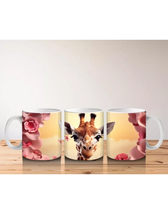 Pembe Çiçekler Arasında Sevimli Zürafa - Baskılı Kahve Kupası