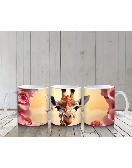 Pembe Çiçekler Arasında Sevimli Zürafa - Baskılı Kahve Kupası