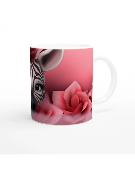 Pembe Çiçekler Arasında Zebra Temalı Baskılı Kupa Bardak