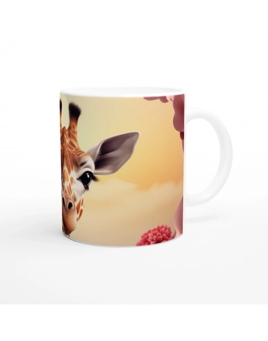 Pembe Çiçekler Arasında Zürafa Temalı Baskılı Kupa Bardak