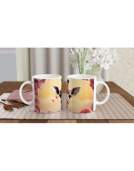 Pembe Çiçekler Arasında Zürafa Temalı Baskılı Kupa Bardak