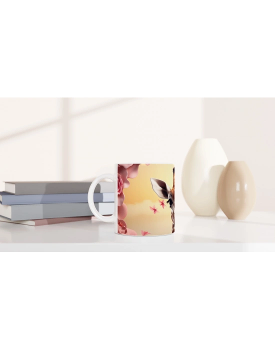 Pembe Çiçekler Arasında Zürafa Temalı Baskılı Kupa Bardak