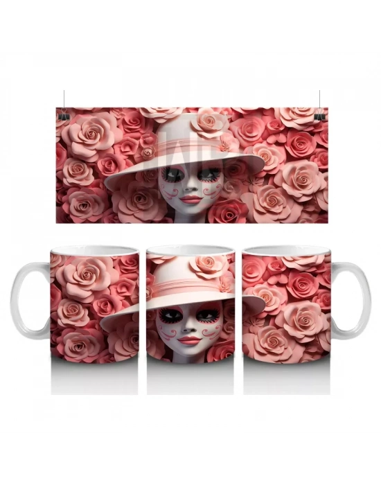 Pembe Çiçekler İçinde Kafatası Silueti – Hediyelik Kahve Kupası