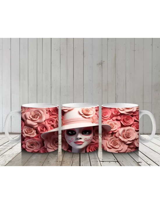 Pembe Çiçekler İçinde Kafatası Silueti – Hediyelik Kahve Kupası