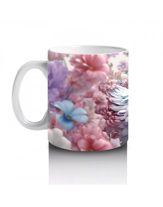 Pembe Çiçekler İçinde Oturan Sevimli Horoz – Baskılı Kahve Kupası