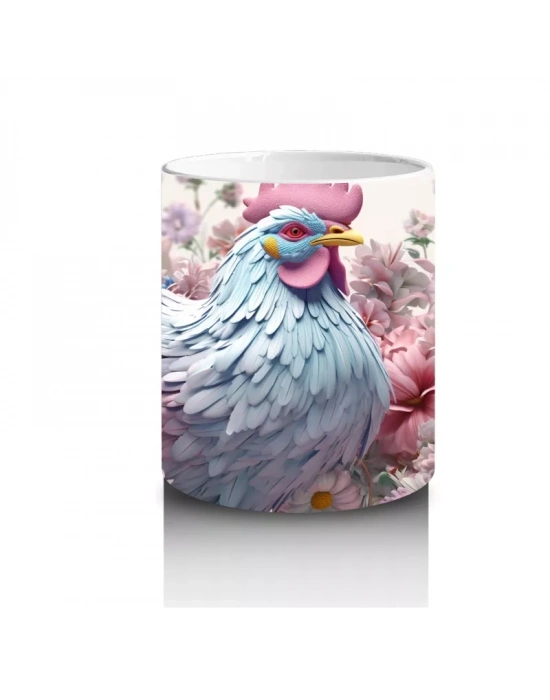 Pembe Çiçekler İçinde Oturan Sevimli Horoz – Baskılı Kahve Kupası