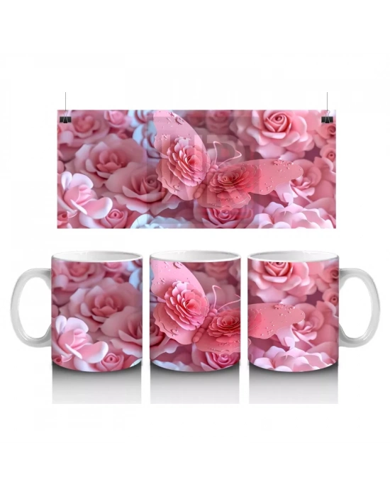 Pembe Çiçekler Üzerine Konmuş Kelebek – Baskılı Kahve Kupası