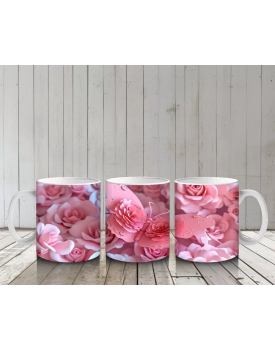 Pembe Çiçekler Üzerine Konmuş Kelebek – Baskılı Kahve Kupası