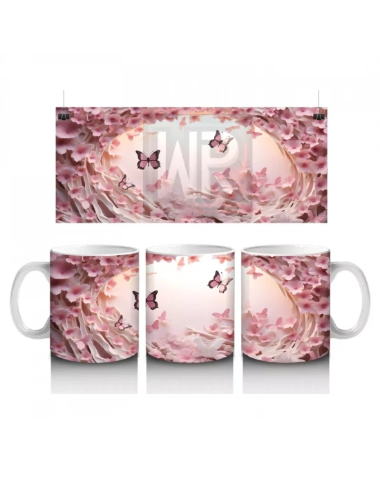 Pembe Çiçekler ve Kalpler Arasında Uçan Kelebekler – Baskılı Kahve Kupası