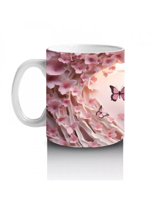 Pembe Çiçekler ve Kalpler Arasında Uçan Kelebekler – Baskılı Kahve Kupası