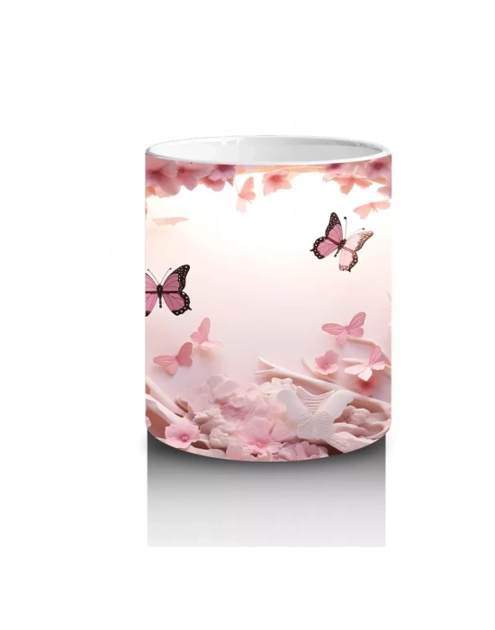 Pembe Çiçekler ve Kalpler Arasında Uçan Kelebekler – Baskılı Kahve Kupası