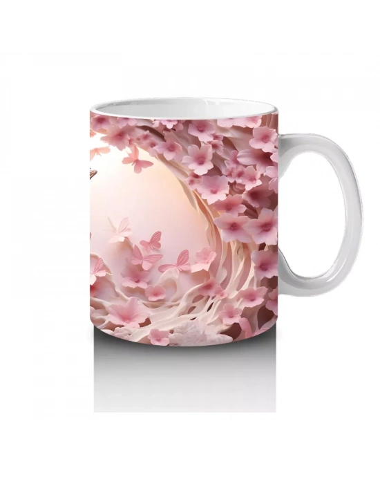 Pembe Çiçekler ve Kalpler Arasında Uçan Kelebekler – Baskılı Kahve Kupası