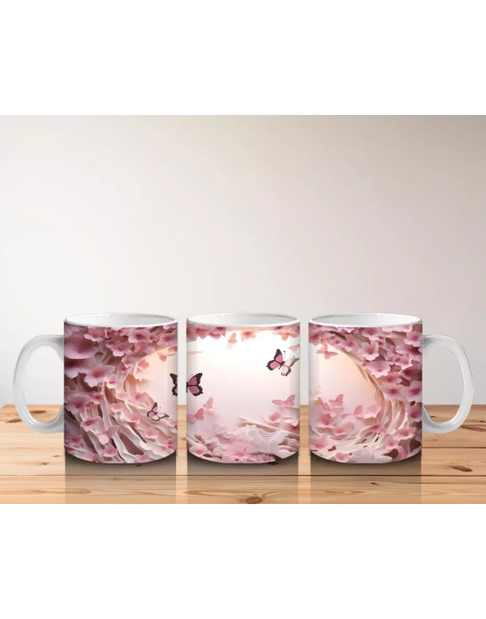 Pembe Çiçekler ve Kalpler Arasında Uçan Kelebekler – Baskılı Kahve Kupası