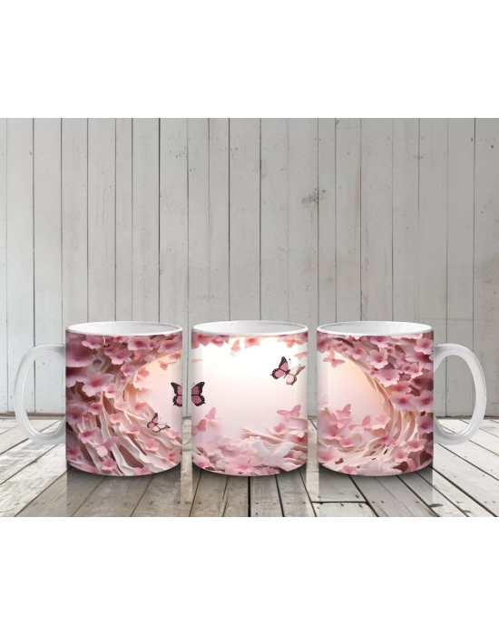 Pembe Çiçekler ve Kalpler Arasında Uçan Kelebekler – Baskılı Kahve Kupası