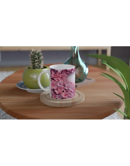 Pembe Çiçekler ve Kelebeklerle Bezeli Romantik Baskılı Kupa Bardak