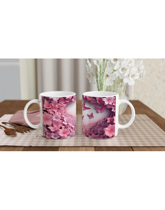 Pembe Çiçekler ve Kelebeklerle Bezeli Romantik Baskılı Kupa Bardak