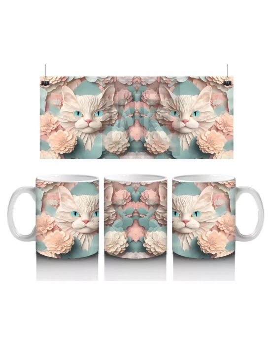 Pembe Çiçeklerle Çerçevelenmiş Tatlı Kedi Yavruları – Baskılı Kahve Kupası