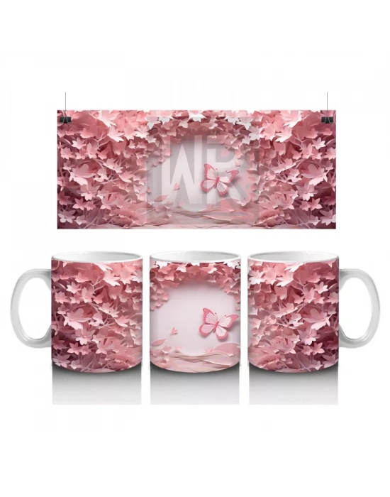 Pembe Çiçeklerle Çevrili Uçan Kelebekler – Baskılı Kahve Kupası