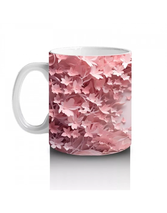 Pembe Çiçeklerle Çevrili Uçan Kelebekler – Baskılı Kahve Kupası