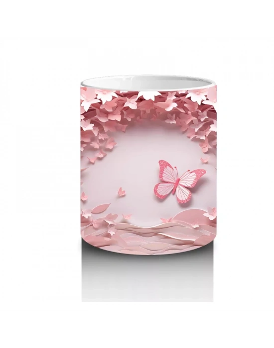 Pembe Çiçeklerle Çevrili Uçan Kelebekler – Baskılı Kahve Kupası