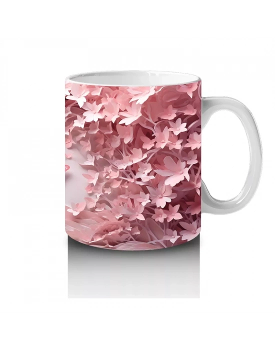 Pembe Çiçeklerle Çevrili Uçan Kelebekler – Baskılı Kahve Kupası