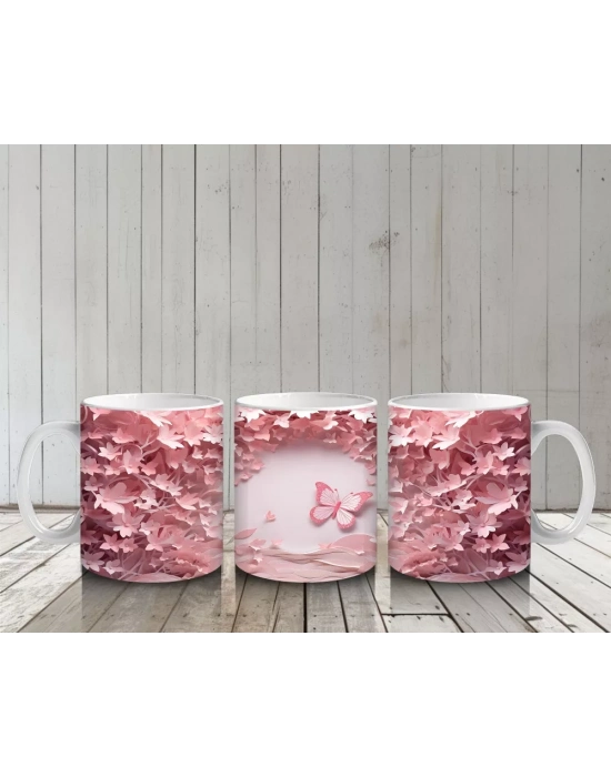 Pembe Çiçeklerle Çevrili Uçan Kelebekler – Baskılı Kahve Kupası
