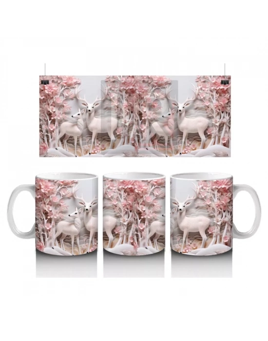 Pembe Çiçeklerle Kaplı Kış Manzarasında Geyik – Baskılı Kahve Kupası