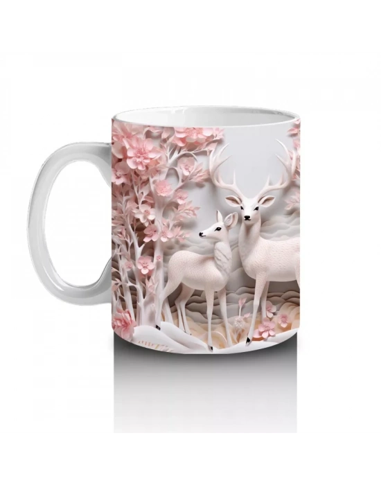 Pembe Çiçeklerle Kaplı Kış Manzarasında Geyik – Baskılı Kahve Kupası