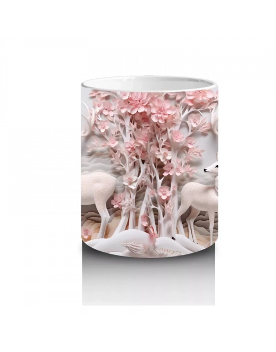 Pembe Çiçeklerle Kaplı Kış Manzarasında Geyik – Baskılı Kahve Kupası