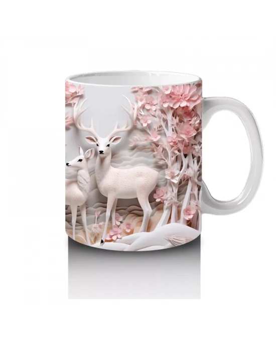 Pembe Çiçeklerle Kaplı Kış Manzarasında Geyik – Baskılı Kahve Kupası