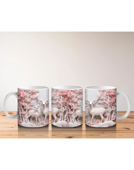 Pembe Çiçeklerle Kaplı Kış Manzarasında Geyik – Baskılı Kahve Kupası