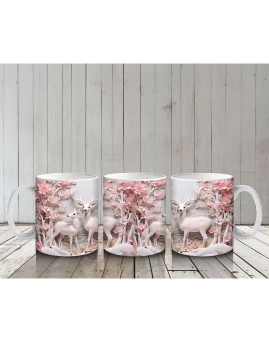 Pembe Çiçeklerle Kaplı Kış Manzarasında Geyik – Baskılı Kahve Kupası