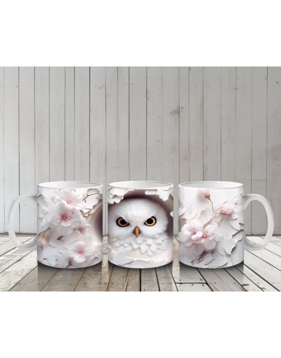 Pembe Çiçeklerle Süslenmiş Baykuş – Baskılı Kahve Kupası