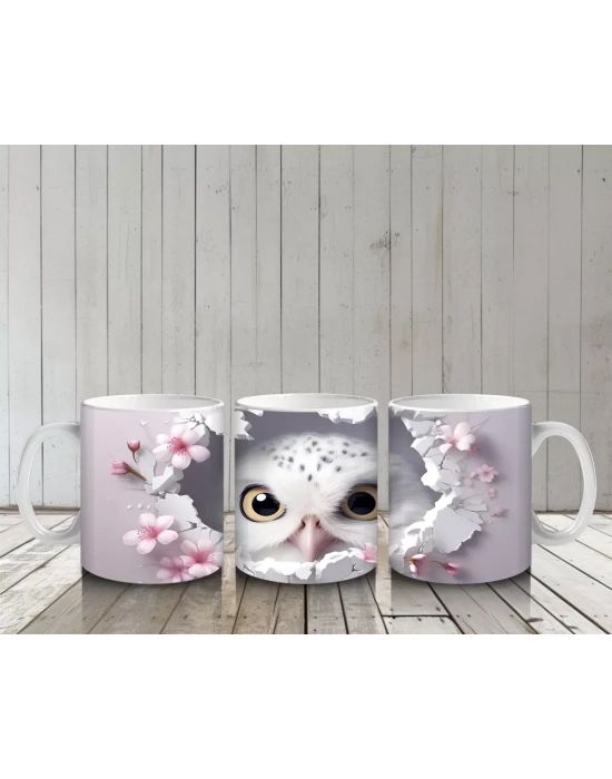 Pembe Çiçeklerle Süslenmiş Baykuş – Baskılı Kahve Kupası