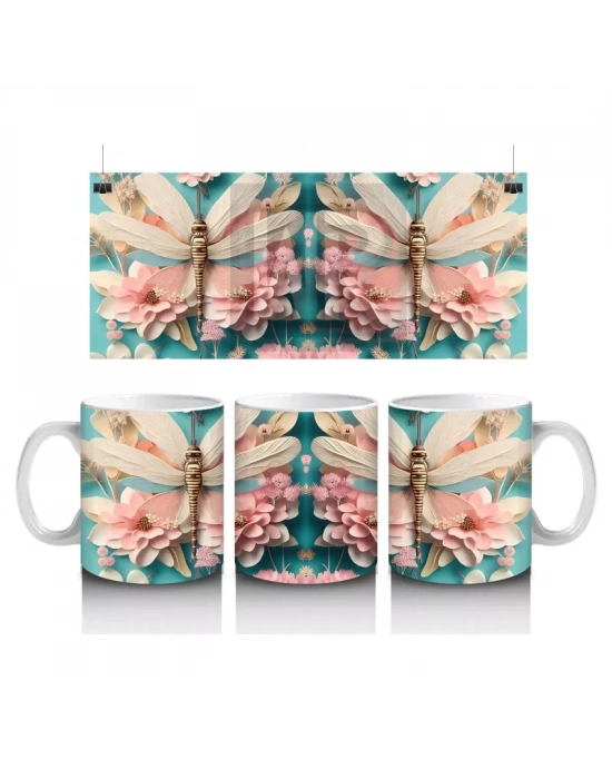 Pembe Çiçeklerle Süslenmiş Çift Yusufçuk İllüstrasyonu - Baskılı kahve kupası