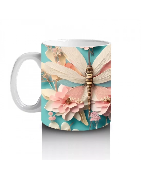 Pembe Çiçeklerle Süslenmiş Çift Yusufçuk İllüstrasyonu - Baskılı kahve kupası