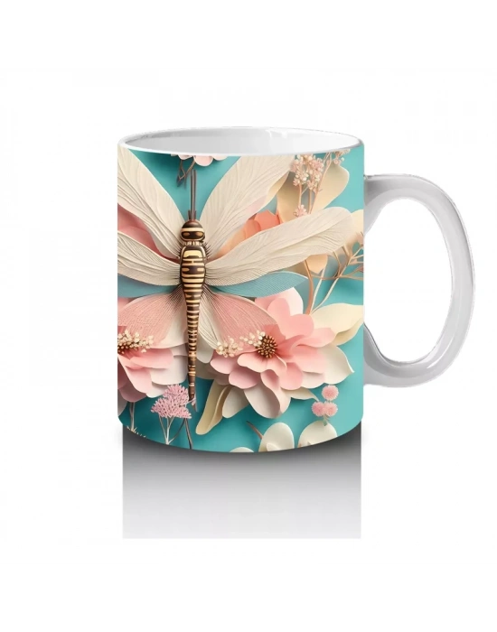 Pembe Çiçeklerle Süslenmiş Çift Yusufçuk İllüstrasyonu - Baskılı kahve kupası