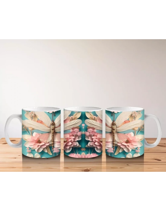 Pembe Çiçeklerle Süslenmiş Çift Yusufçuk İllüstrasyonu - Baskılı kahve kupası