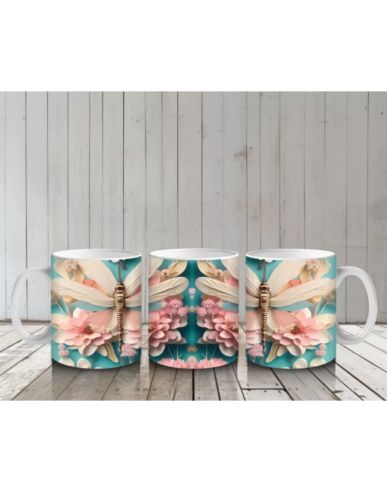 Pembe Çiçeklerle Süslenmiş Çift Yusufçuk İllüstrasyonu - Baskılı kahve kupası