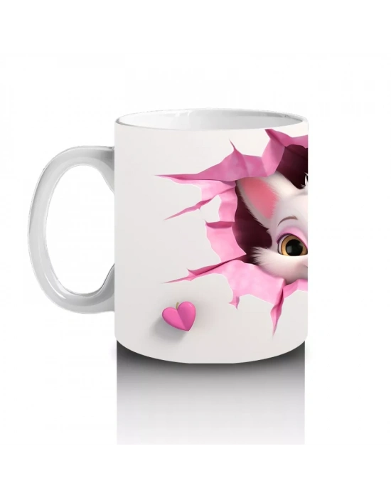 Pembe Çiçeklerle Süslenmiş Kedi Çifti – Baskılı Kahve Kupası