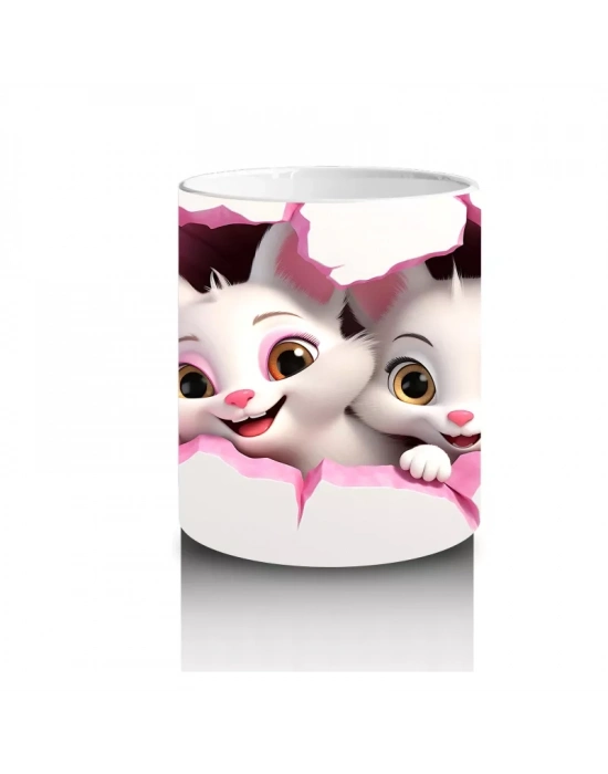 Pembe Çiçeklerle Süslenmiş Kedi Çifti – Baskılı Kahve Kupası