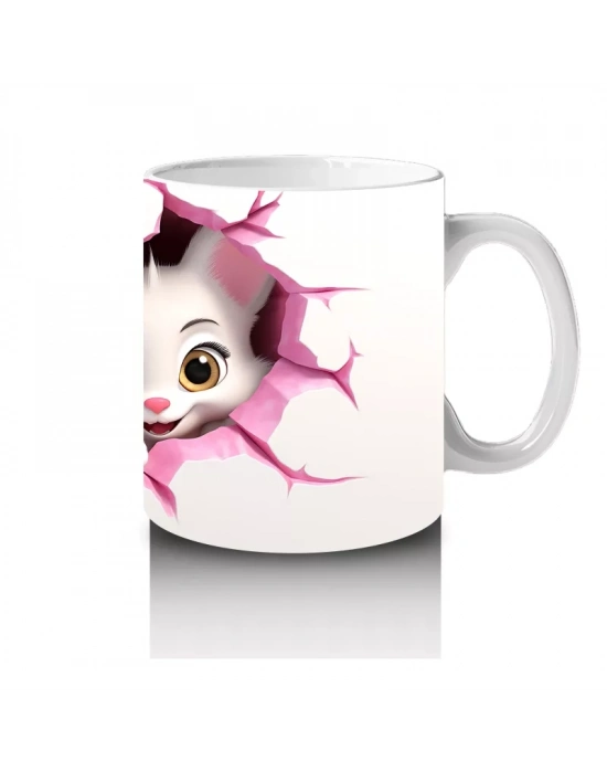 Pembe Çiçeklerle Süslenmiş Kedi Çifti – Baskılı Kahve Kupası