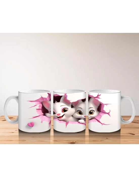 Pembe Çiçeklerle Süslenmiş Kedi Çifti – Baskılı Kahve Kupası