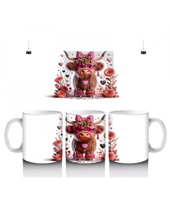 Pembe Çiçeklerle Süslenmiş Neşeli Buzağı – Baskılı Kahve Kupası