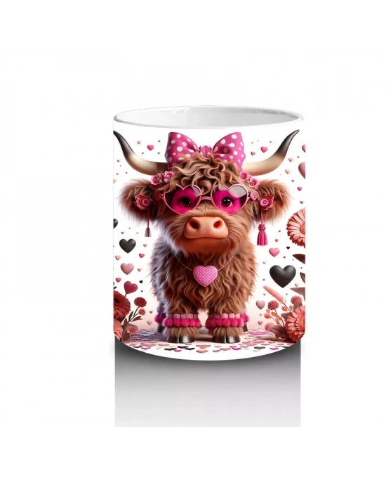 Pembe Çiçeklerle Süslenmiş Neşeli Buzağı – Baskılı Kahve Kupası