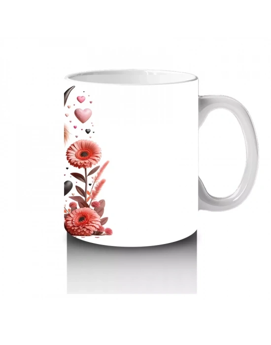 Pembe Çiçeklerle Süslenmiş Neşeli Buzağı – Baskılı Kahve Kupası