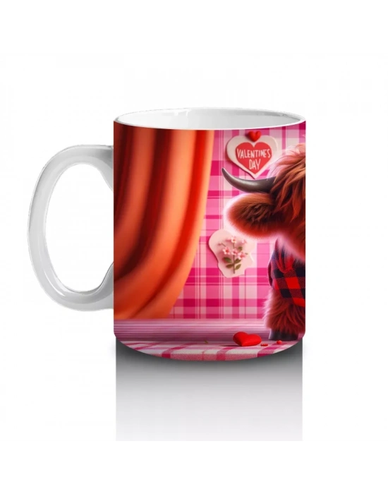 Pembe Çiçeklerle Süslenmiş Romantik Boğa – Baskılı Kahve Kupası