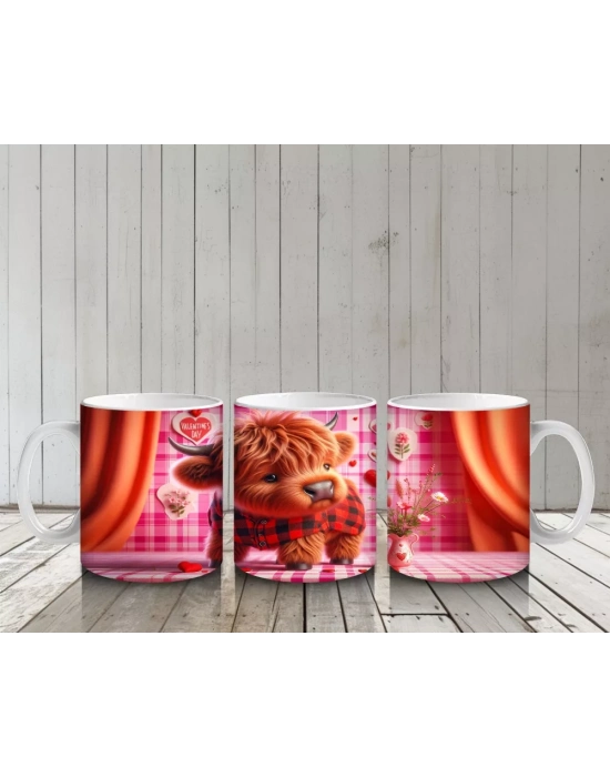 Pembe Çiçeklerle Süslenmiş Romantik Boğa – Baskılı Kahve Kupası