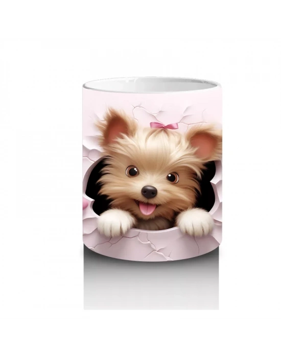 Pembe Çiçeklerle Süslenmiş Sevimli Köpek – Baskılı Kahve Kupası